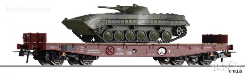 Платформен вагон Rmms 3960 с BMP-1 DR HO 1:87 Tillig 502182, снимка 1