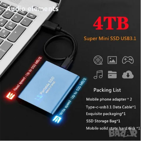 Външен 4TB твърд диск преносим SSD USB 3.1 диск мобилен твърд диск за лаптопи/MAC/телефон/PC, снимка 2 - Външни хард дискове - 46842446