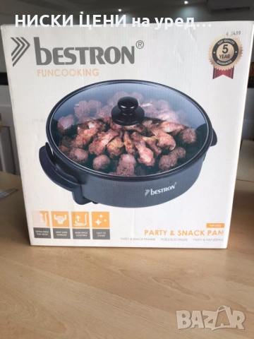 Bestron AHP1500Z Електрически тиган XL диаметър 32 см с незалепващ стъклен капак 1500 W черен