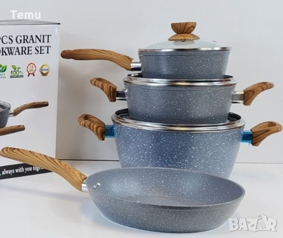 Комплект съдове за готвене с незалепващо мраморно покритие и дървени дръжки, 7 части, снимка 2 - Съдове за готвене - 46433291