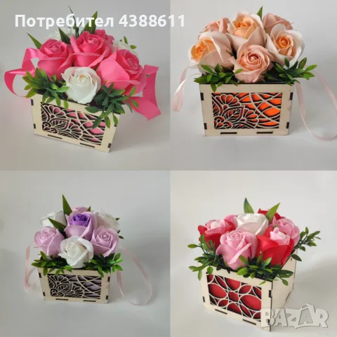 Дървена кошничка със сапунени рози, снимка 2 - Декорация за дома - 50021822