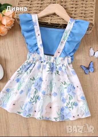 Детска синя рокля на зайчета и цветя , снимка 2 - Бебешки рокли - 45751585