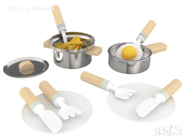 Детски кухненски комплект за готвене тенджера тиган Дървени кухненски играчки