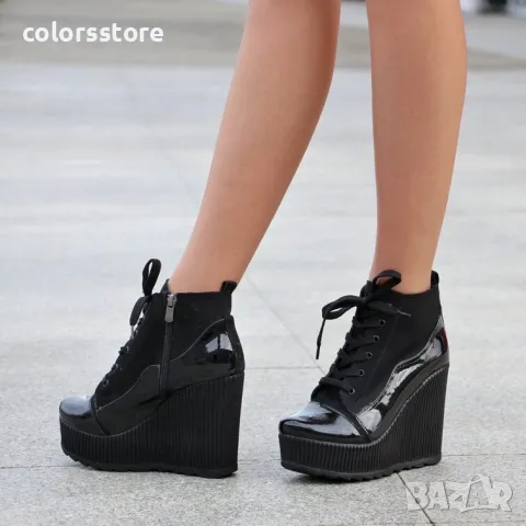 Боти на платформа - черен лак и велур - NO5