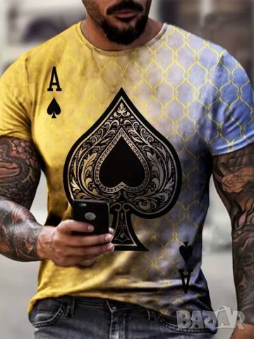Мъжка тениска с графичен принт с акцент Асо пика, снимка 1 - Тениски - 45655246