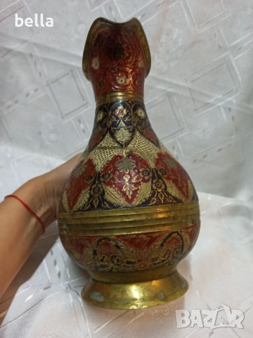 Масивна голяма  месингова кана, украсена със сложни цветни емайлирани и златни шарки-емайлираните де, снимка 5 - Антикварни и старинни предмети - 52771791