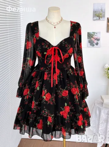 Удивително Красива Романтично Нежна Рокля с Червени Рози, снимка 2 - Рокли - 50410883