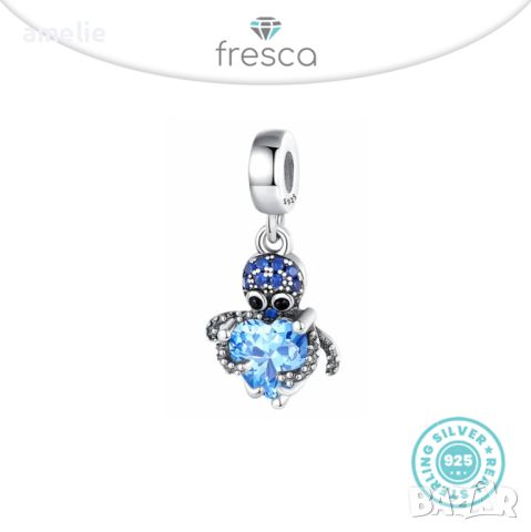 Талисман Fresca по модел тип Pandora Пандора сребро 925 Blue Heart Octopus. Колекция Amélie, снимка 1 - Гривни - 42678451