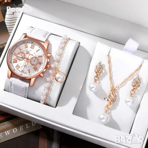 Комплект дамски часовник в бяло с гривна, колие и обеци.