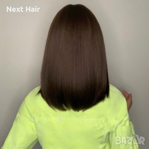 Тъмно кафява 40 см синтетична перука с бретон, снимка 6 - Аксесоари за коса - 51983816