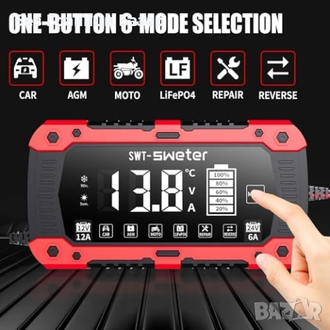 Ново Автоматично зарядно за акумулатор 12V 24V 4Ah-200Ah 12A кола автомобил, снимка 2 - Друга електроника - 54045945