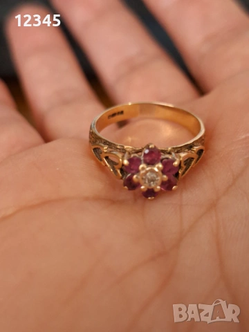 Старинен златен пръстен с диамант и рубини, снимка 8 - Пръстени - 54075674