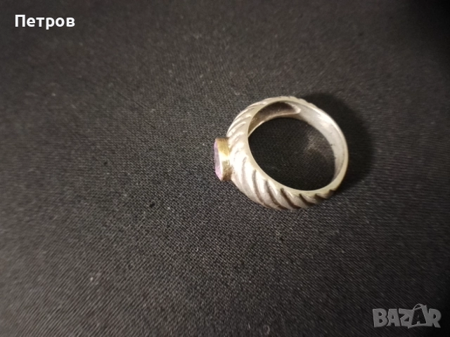 сребърен пръстен със злато и аметист, снимка 2 - Пръстени - 52997259