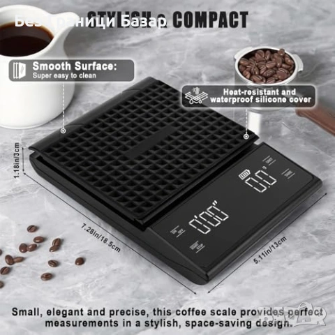 Нова Еспресо везна 0.1г точност 3кг таймер LED силиконова подложка кафе, снимка 2 - Други - 53744582