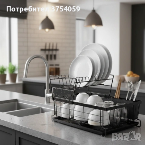 Двуетажен метален сушилник за съдове Cheffinger с отделение за прибори – повече ред и сух плот в , снимка 2 - Аксесоари за кухня - 53174209