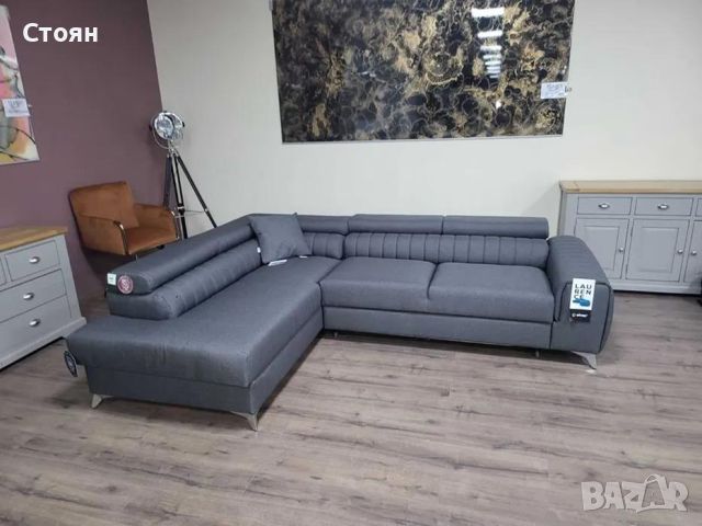 Сив ъглов диван от плат с функция сън и ракла, снимка 1 - Дивани и мека мебел - 46474766