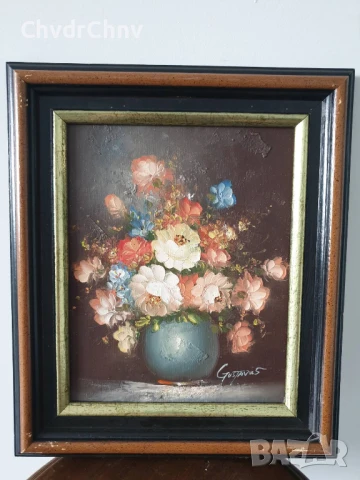 Gustavus 33х28см/малка стара картина масло върху платно/натюрморт ваза с цветя/дървена рамка
