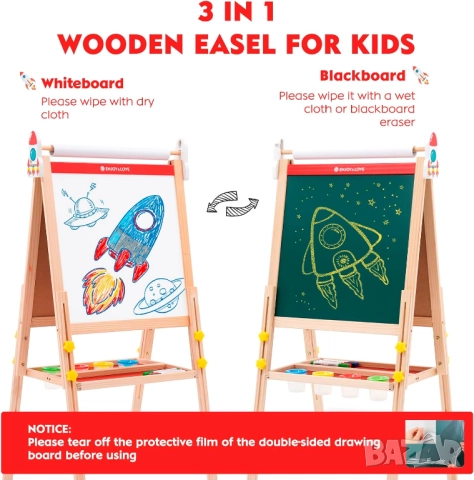 Детски Дървен Статив 3 в 1 с Регулируема Височина и Ролка за Рисуване Двустранна Дъска за Писане!
