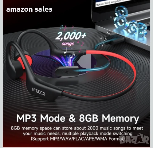 IFECCO X27 Водоустойчиви слушалки IP68 Bluetooth 6.0,с 8GB MP3,с костна проводимост (сини), снимка 4 - Безжични слушалки - 54239527