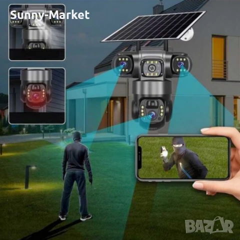 Соларна камера Lylu 4G със SIM и 4 лещи – автономно наблюдение без ток и Wi‑Fi, снимка 5 - IP камери - 53515698