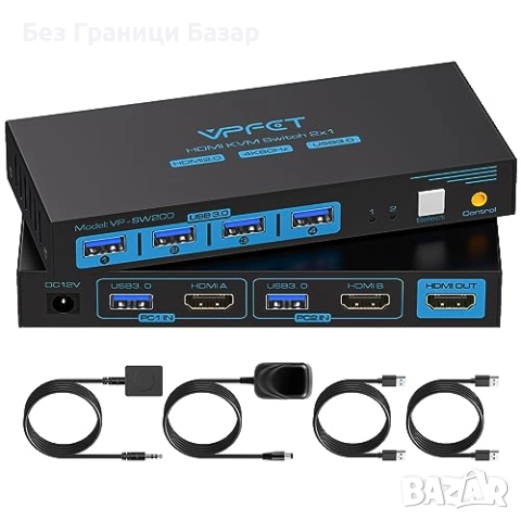Нов Превключвател HDMI KVM 2 PC 1 монитор с USB 3.0 и кабелен контролер