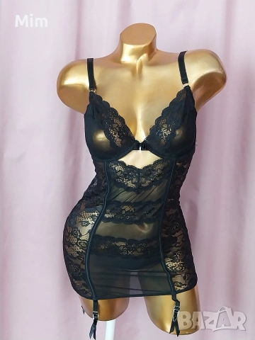 LASCANA 75 D Моделираща черна, дантелена рокля с жартиери за чорапи , снимка 5 - Рокли - 54142109