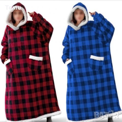 Одеяло с качулка / Дълго одеяло за носене, с джобове/ Цвят: син, червен/ Дължина: 1.08метра, снимка 5 - Други - 46436369
