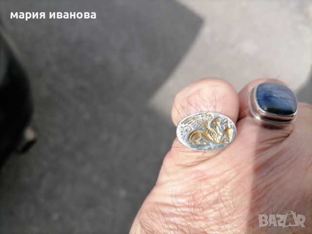 Стар сребърен пръстен с позлата сфинкс, снимка 2 - Пръстени - 45861936