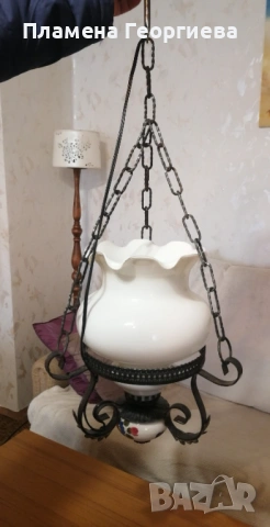 Старинни винтидж полюлеи от ковано желязо, стъкло и порцелан, снимка 2 - Лампи за таван - 54112186