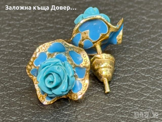 Златни обеци рози син тюркоаз  14 карата 585 zlatni obeci zlaten gold