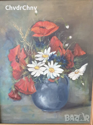 Mathys 68х58см/стара картина масло върху платно/натюрморт кана с цветя/1979/дървена рамка, снимка 2 - Картини - 51357163