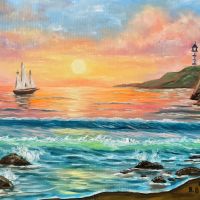 Море и корабче по изгрев маслена картина , снимка 2 - Картини - 45402428