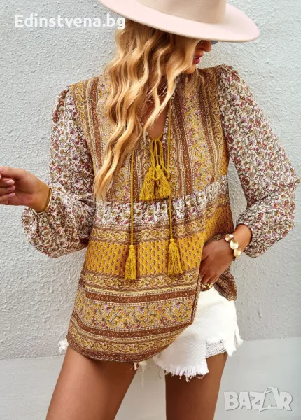 Дамска жълта бохо блуза с флорален принт и пискюли, снимка 1