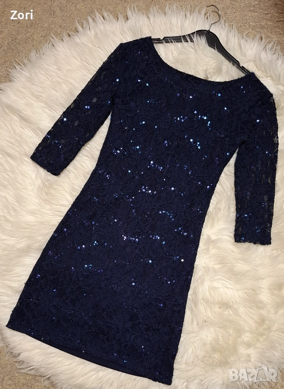 Блестяща тъмносиня дантелена рокля с пайети, снимка 1