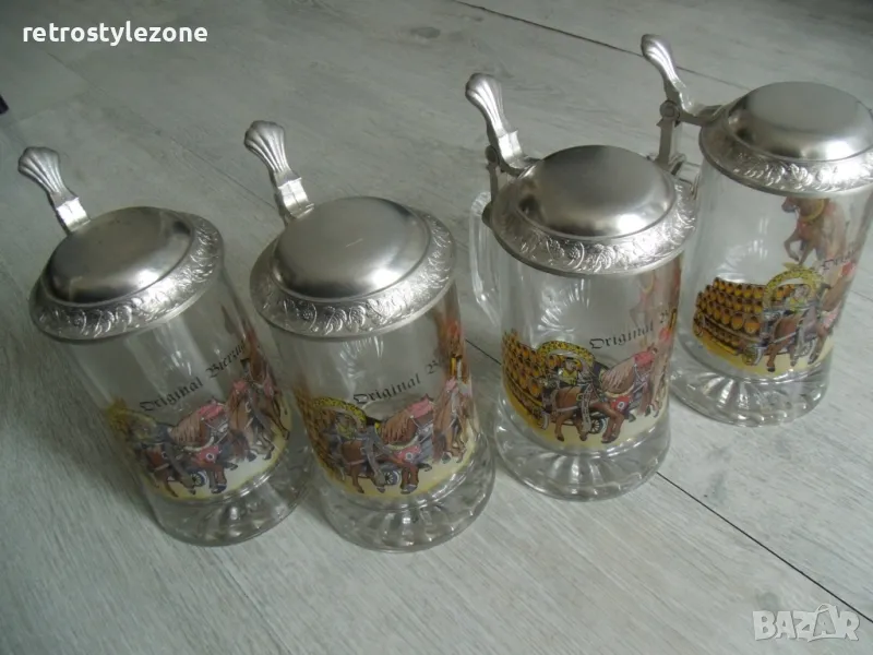 № 8052 комплект 4 броя стари стъклени халби  - с метален капак   , снимка 1