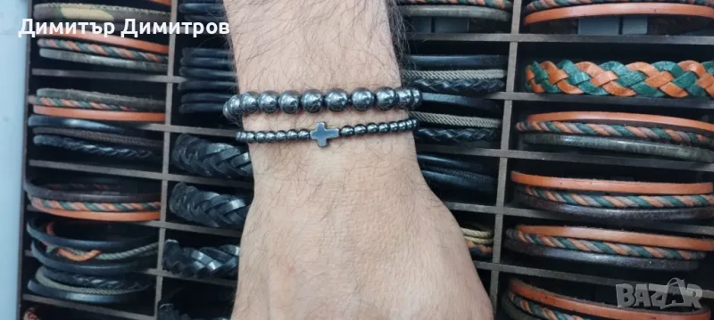 Сет мъжки гривни от хематит с кръст. Бижута Луди гъби. Идея за подарък., снимка 1