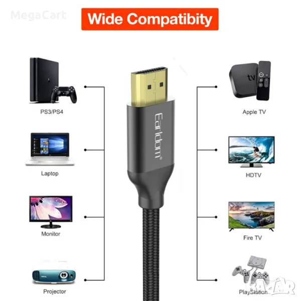 Кабел Earldom ET-W26 HDMI - HDMI, 5м., 4K, С оплетка, Черен, снимка 1