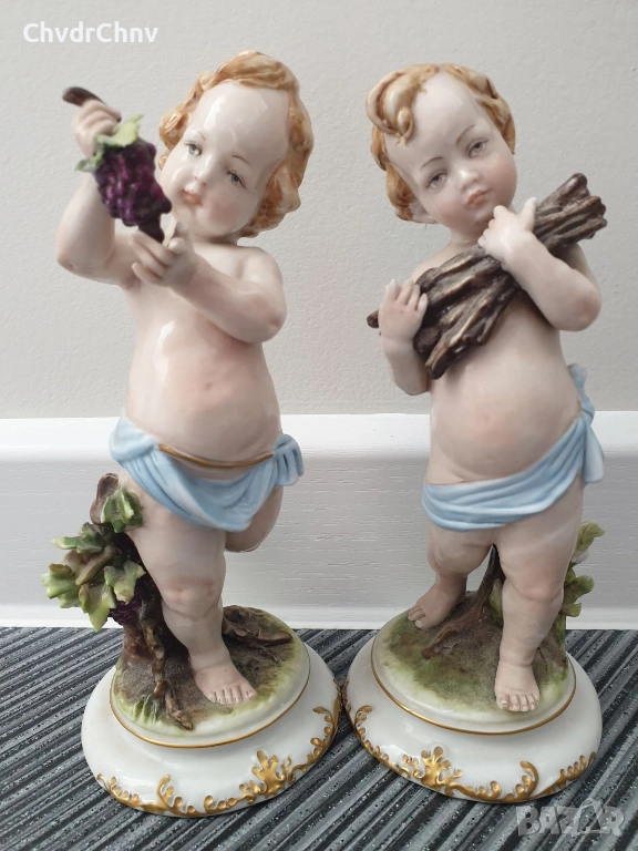 чифт2бр Capodimonte статуетки 20см/стари Каподимонте порцеланови фигури на голи ангели-херувими, снимка 1