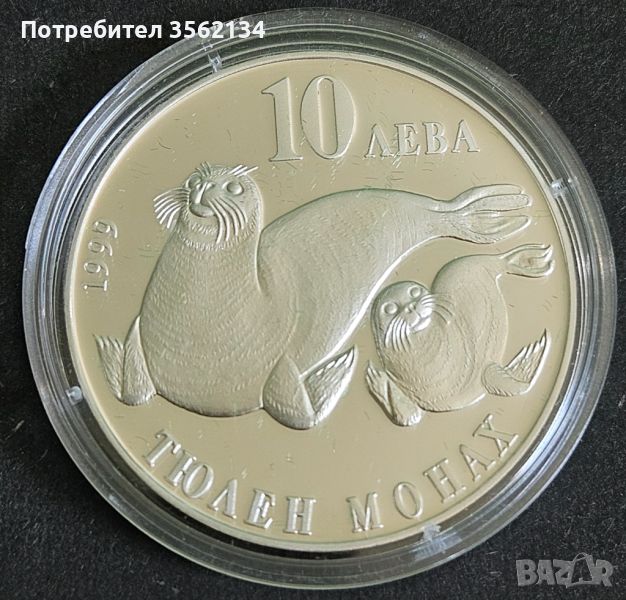 Продавам сребърна монета 10 лева от 1999 година,Тюлен монах., снимка 1