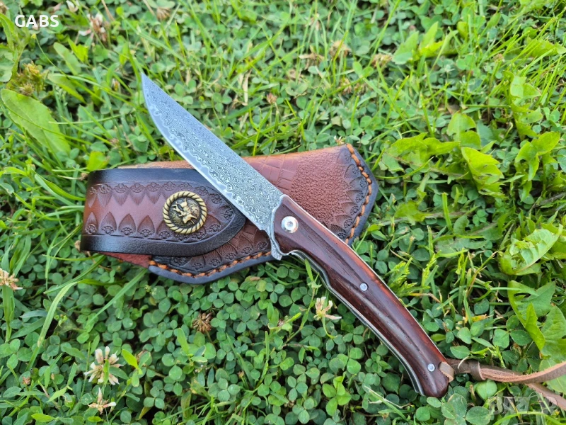 Сгъваем джобен нож дамаска стомана с кожен калъф, снимка 1