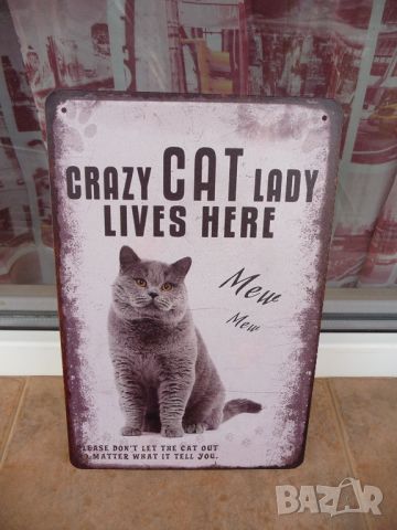 Метална табела Crazy Cat Lady lives here лудата женска котка живее тук мяу, снимка 1 - Декорация за дома - 46079173