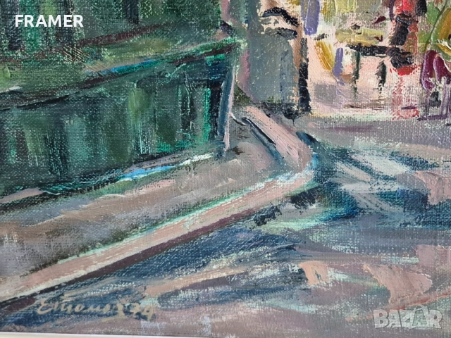 Евгени Томов /1934-2006/ Женскиат пазар София 1974 пейзаж масло, снимка 3 - Картини - 39814797