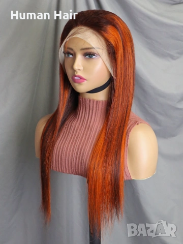 Естествена права перука от бразилска коса – кестенява с оранжеви кичури, 60 см, дантела 13х6, снимка 5 - Аксесоари за коса - 53296045