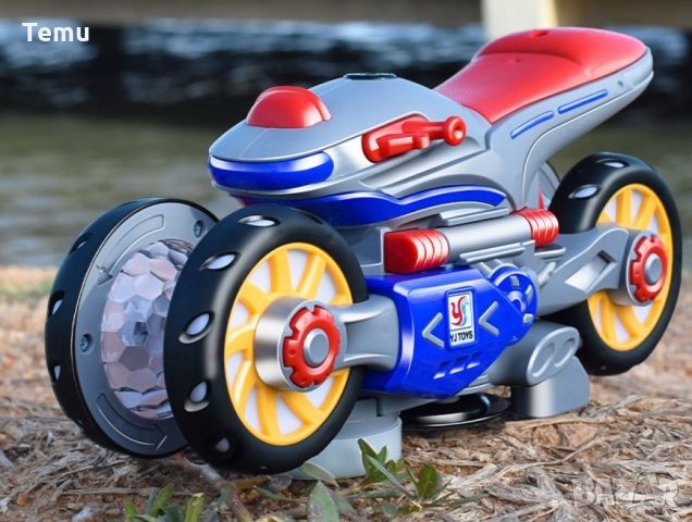 Каскадна, светеща играчка мотор, въртяща се на 360 градуса с подвижни гуми, снимка 6 - Коли, камиони, мотори, писти - 45836536
