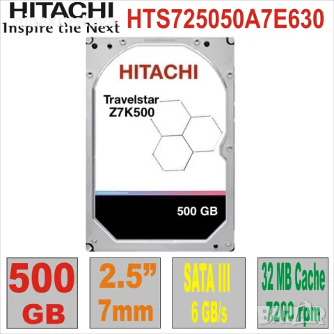 HDD 2.5`  500Gb HITACHI HTS725050A7E630, снимка 1 - Твърди дискове - 46903304