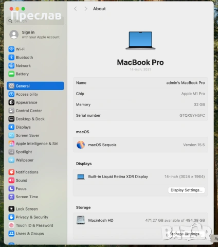 Продавам Apple MacBook Pro 14 2021 M1 PRO/32GB RAM/512GB SSD, снимка 5 - Лаптопи за работа - 54090812