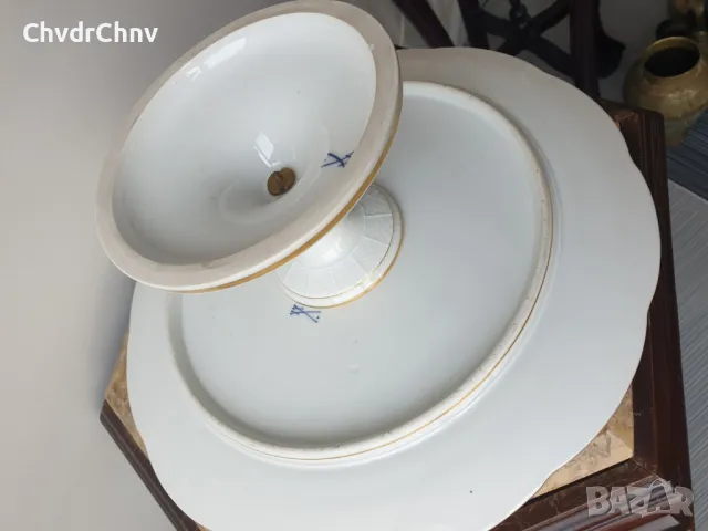 Meissen пиедестална тортиера 34см/голяма стара Майсен порцеланова чиния за торта-сладки, снимка 9 - Антикварни и старинни предмети - 50235530