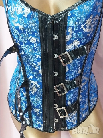 XL Син сатенен корсет с кожа / лак /, снимка 5 - Корсети, бюстиета, топове - 53897882