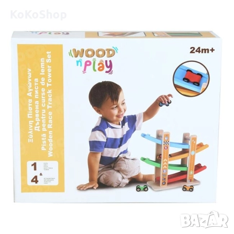 Дървена писта с колички/образователна състезателна писта с четири коли, снимка 2 - Образователни игри - 52286129