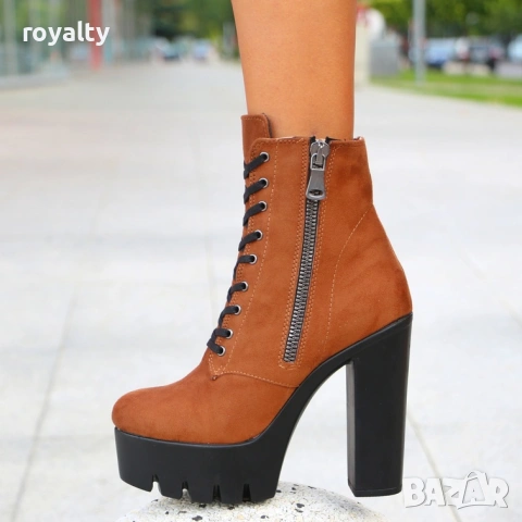 Боти на ток - кафяв велур, снимка 4 - Дамски боти - 54159602